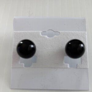Black Round Ball Stud Earrings With Silver Accents